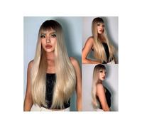 Parrucca, Frangia Sfumatura oro scuro Sfumatura nera oro Marrone scuro capelli lunghi lisci capelli in fibra chimica opaca seta ad alta temperatura europea e parrucca copricapo femminile completo(Grad