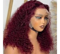 Parrucca Frontale In Pizzo 13X4 Da Donna Corta E Riccia Con Onde Profonde Brasiliane Bordeaux. 180 16in#13X4