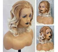 parrucca frontale in pizzo biondo wi cosplay parrucca sintetica 13x3.5 parrucca frontale in pizzo resistente al calore parrucca corta ondulata drag queen per donne-biondo -180%-frontale in