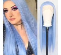 Parrucca frontale in pizzo blu ghiaccio Luwigs, sintetica, lunga e dritta, con parte a T, in pizzo sintetico, di ricambio per capelli, azzurra, l