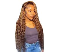 Parrucca frontale in pizzo, capelli umani trasparenti senza colla, con densità di attaccatura dei capelli, parrucche brasiliane per donne nere, parrucca gialla corta, capelli umani (Brown, 30)
