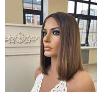 Parrucca Frontale In Pizzo Da Donna Castano Castano Con Riflessi Biondi, Caschetto Corto, Capelli Umani Brasiliani Lisci, Texture Liscia Per Un Look Quotidiano Chic.