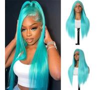 Parrucca frontale in pizzo sintetico HD 13x4 di colore blu-verde for donna, capelli lisci e setosi lunghi 24 pollici, parrucca verde menta