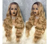Parrucca frontale in pizzo sintetico Ombre Blonde Cosplay Parrucca per donna Lunga ondulata 26 pollici Corpo ondulato Radice marrone Parrucca riccia senza colla-Ombre Blonde-180%-Fronte in pizzo-26 po