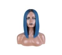 Parrucca frontale in pizzo sintetico, parrucca corta dritta da 12 pollici, parrucche for donne, parrucche cosplay, parrucca in pizzo con riga centrale Topper per Capelli da Donna(Blue)