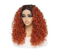 Parrucca frontale in pizzo sintetico riccia da 20 pollici for donne, nera, con riga a T, 13x4,5x1. Topper per Capelli da Donna(Brownish red)