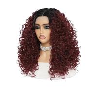 Parrucca frontale in pizzo sintetico riccia da 20 pollici for donne, nera, con riga a T, 13x4,5x1. Topper per Capelli da Donna(Wine red)