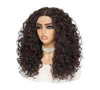 Parrucca frontale in pizzo sintetico riccia da 20 pollici for donne, nera, con riga a T, 13x4,5x1. Topper per Capelli da Donna(Dark brown)