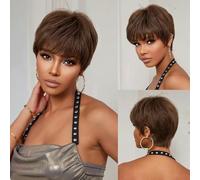 Parrucca frontale in pizzo, taglio corto Pixie, parrucche per capelli umani con frangia, naturale, a strati, ombre, biondo castano, parrucche in pizzo per donne-HTWIG002-1