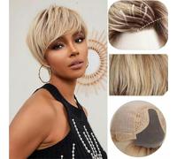 Parrucca frontale in pizzo, taglio corto Pixie, parrucche per capelli umani con frangia, naturale, a strati, ombre, biondo castano, parrucche in pizzo per donne-HTWIG002-4