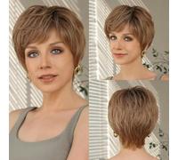 Parrucca frontale in pizzo, taglio corto Pixie, parrucche per capelli umani con frangia, naturale, a strati, ombre, biondo castano, parrucche in pizzo per donne-HTWIG002-2