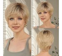 Parrucca frontale in pizzo, taglio corto Pixie, parrucche per capelli umani con frangia, naturale, a strati, ombre, biondo castano, parrucche in pizzo per donne-HTWIG002-3