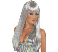 Parrucca Glitter Argento Anni '60 '70 Disco Lunga Glamour Accessorio Per Costumi