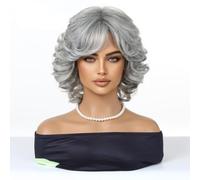 Parrucca grigia argentata da donna, parrucca corta ondulata e riccia con frangetta, capelli sintetici da 30 cm per uso quotidiano per feste.