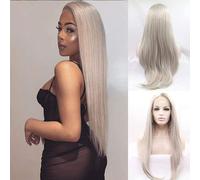 Parrucca grigia fatta a mano in pizzo frontale per donne, parrucca lunga liscia e realistica, la migliore parrucca in pizzo morbido, attaccatura