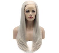 Parrucca grigia lunga e liscia, legata a met a mano, resistente al calore, in pizzo sintetico ad alta densit