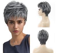 Parrucca Grigia, Struttura a Scoppi Obliqui Di Temperamento, Soffici Capelli Corti, Parrucca Da Donna Di Mezza Età Argento Sfumato Nero, Capelli Naturali Per Uso Quotidiano Adatti a Ragazze E Donne