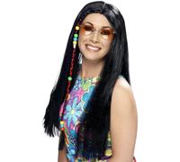 Parrucca Hippie Anni '80 Con Perline Lunga Nera Adulti Accessorio Costume Hippy