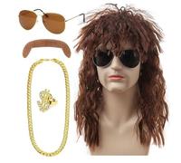 Parrucca hippies da uomo, anni '80, set da 5 pezzi, hippies da uomo, capelli lunghi e ricci, anni '80, da discoteca per uomini, rocker, rapper, con baffi