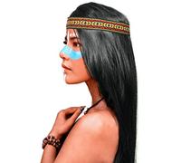 Parrucca indiana con capelli lunghi e lisci in nero + fascia coordinata per donne e uomini Carnevale
