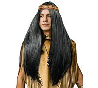 Parrucca indiana con capelli lunghi lisci in un set nero con fascia abbinata per uomini e donne carnevale carnevale