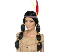 Parrucca Indiana Pocahontas Nera Squaw Costume Elegante + Fascia Con Piuma Nuova