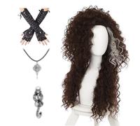Parrucca lunga afro riccia soffice da donna, per cosplay, Halloween, costume con collana con ciondolo a forma di teschio di uccello, guanti lunghi senza dita e tatuaggio finto