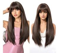 Parrucca Lunga Diritta A Strati Da 30 Pollici - Air Bangs Capelli Sintetici Stile Marrone Scuro A Cuffia Intera, Indossare Tutti I Giorni(B)
