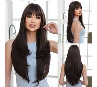 Parrucca Lunga Diritta Con Frangia Piena - Capelli Sintetici Resistenti Al Calore, Ombre Dal Nero Rosso, Berretto Stile Europeo, Da Indossare Tutti(K)