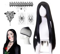 Parrucca Lunga Dritta Nera, set da 6 pezzi Carnevale Parrucca Nera Lunga Dritta, Morticia Adda Nera Parrucca, lungo liscio mercoledì strega parrucche, Nera Parrucca Strega, per Carnevale Cosplay