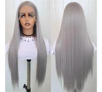 Parrucca lunga e liscia da donna 13X6 parrucche frontali in pizzo parrucche sintetiche resistenti al calore grigio argento 9 61 - 136