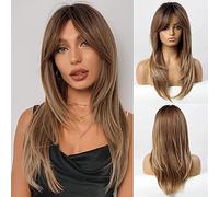 Parrucca lunga marrone a tema per feste, da donna, capelli sintetici a strati sfumati con radici scure, da indossare tutti i giorni, resistente al calore/cosplay, 61 cm