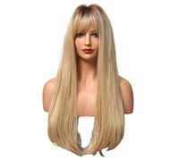 Parrucca lunga marrone sfumato per donna, parrucche lunghe a strati con frangia, parrucca lunga liscia a strati con radici scure, parrucca regolabile,Ombre Blonde