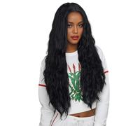 Parrucca Lunga Nera Con Capelli Mossi, 71 Cm, Con Riga Centrale, Riccia, in Fibra Sintetica Resistente Al Calore Dall'aspetto Naturale, Ideale Per L'uso Quotidiano.