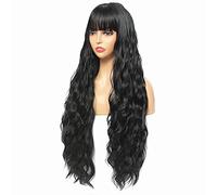 Parrucca lunga nera ondulate con frangia da donna, parrucche fibra sintetica da 75cm per le donne, long wave black wig with fringe bangs for Women