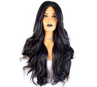 Parrucca lunga nera per costume da donna parrucca da 76,2 cm, ondulata, riccia, 74,9 cm, parrucca nera naturale in fibra resistente al calore, parte laterale, capelli sintetici, parrucche con riga