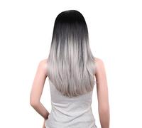 Parrucca lunga nera sfumata grigia per donna, parrucca sintetica a strati con radici scure per feste quotidiane, parrucca lunga castana sfumata con capelli lisci e regola,Ombre Grey