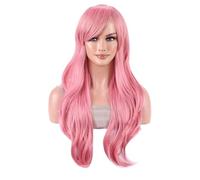 Parrucca lunga ondulata a strati con frangia per tende, 61 cm, parte centrale del corpo, parrucca sintetica per uso quotidiano aggiunge volume (rosa)