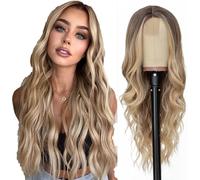 Parrucca lunga ondulata bionda sfumata per donna, 26 pollici, parrucca riccia ondulata con riga centrale, parrucca sintetica resistente al calore dall'aspetto naturale (bionda sfumata)