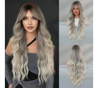 Parrucca lunga ondulata da 76,2 cm per donna, effetto ombré (grigio nebbia | Moderna sfumatura di colore, radici nere, materiale sintetico, resistente al calore fino a 180 °C, lunghezza 76,2 cm
