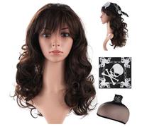 Parrucca lunga riccia anni '80, castano scuro, con bandana, stile rocker punk, in metallo, per Halloween, cosplay, feste in costume a tema fai da te