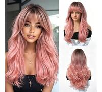 Parrucca Lunga Riccia Con Frangia Laterale - Ombre Rosa Riflessi Capelli Sintetici A Cuffia Intera Stile Europeo, Da Indossare Tutti I Giorni Adatta(B)