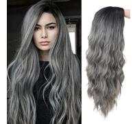 Parrucca lunga riccia grigia per le donne Capelli sintetici ondulati naturali con radici scure parte laterale onda grigia Halloween parrucca quotidiana costume