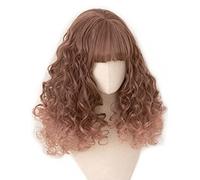 Parrucca lunga riccia ondulata con frangia piatta, resistente al calore, rosa, parrucca naturale riccia e soffice, parrucca sintetica completa per donne bianche, regolabi,Ombre Smoke Pink