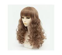 Parrucca lunga riccia ondulata con frangia piatta, resistente al calore, rosa, parrucca naturale riccia e soffice, parrucca sintetica completa per donne bianche, regolabi,Chestnut Brown