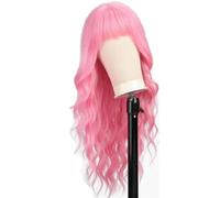 Parrucca lunga rosa con frangia, 26'', capelli ondulati for donna, riga in mezzo, parrucche pastello in fibra sintetica resistente al calore, for Halloween, cosplay
