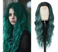Parrucca lunga verde da donna, 66 cm, ondulata e riccia, capelli sintetici, parrucca di ricambio per capelli resistenti al calore, per uso quotidiano e feste (66 cm, verde)