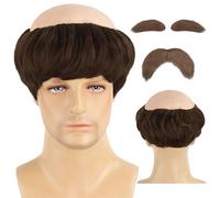 Parrucca marrone da monaco con taglio a scodella, sopracciglia e barba, cuffia calva con frangia, accessorio cosplay per Halloween