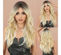 Parrucca marrone rossa Parrucca for capelli lunghi ricci for donna Parrucche sintetiche quotidiane con parrucca con frangia(Gold)