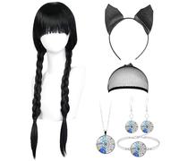 Parrucca Mercoledi 7 Pezzi, Parrucca Nera con Frangia, Wednesday Parrucche Intrecciate Nere con Collana e Fascia per Capelli, Mercoledi Costume per Cosplay Halloween Carnevale Party